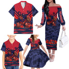 Personalised Melbourne Demons ANZAC Family Matching Off The Shoulder Long Sleeve Dress and Hawaiian Shirt Military Remembrance Australian Football Mascot Camouflage