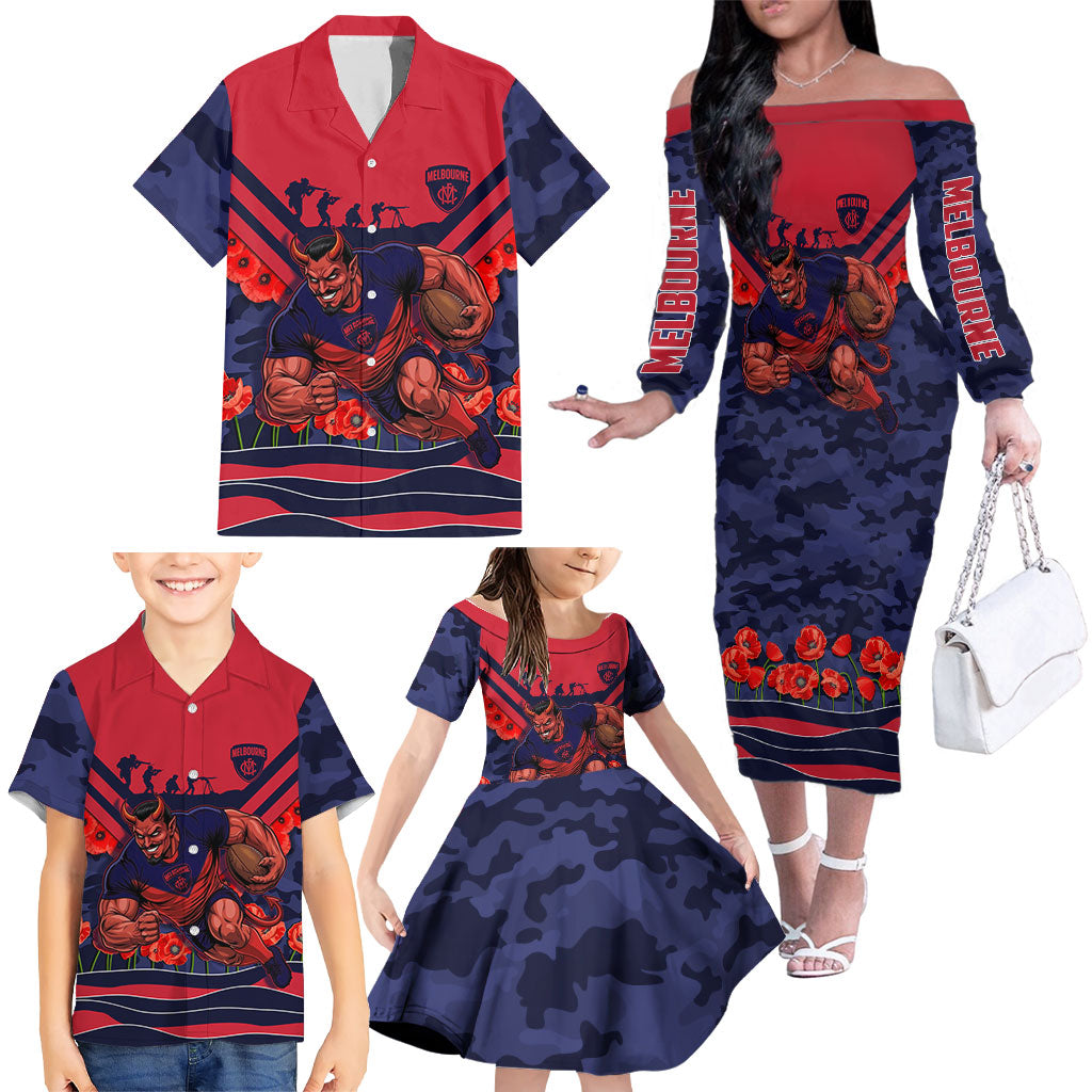 Personalised Melbourne Demons ANZAC Family Matching Off The Shoulder Long Sleeve Dress and Hawaiian Shirt Military Remembrance Australian Football Mascot Camouflage