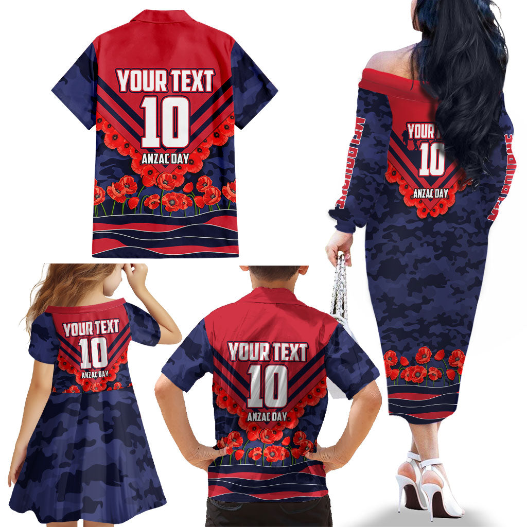 Personalised Melbourne Demons ANZAC Family Matching Off The Shoulder Long Sleeve Dress and Hawaiian Shirt Military Remembrance Australian Football Mascot Camouflage