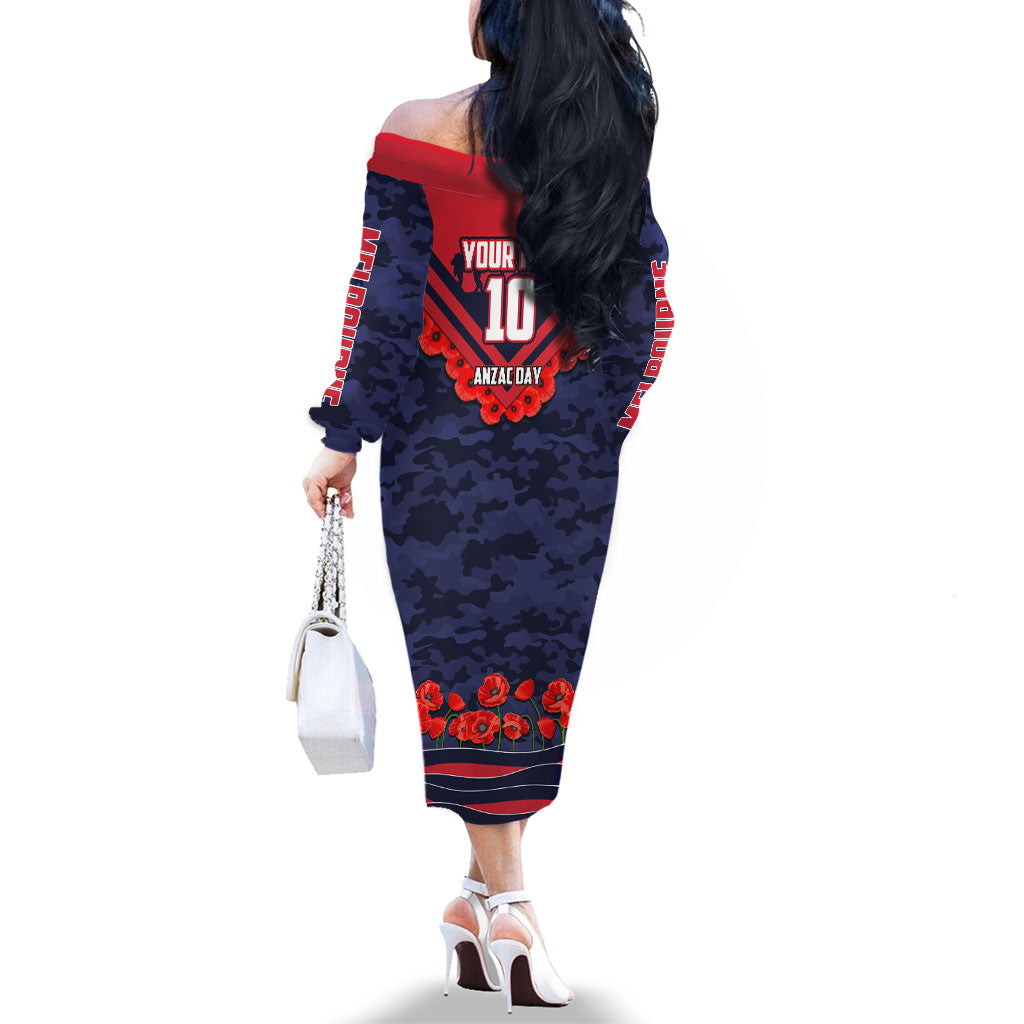 Personalised Melbourne Demons ANZAC Family Matching Off The Shoulder Long Sleeve Dress and Hawaiian Shirt Military Remembrance Australian Football Mascot Camouflage