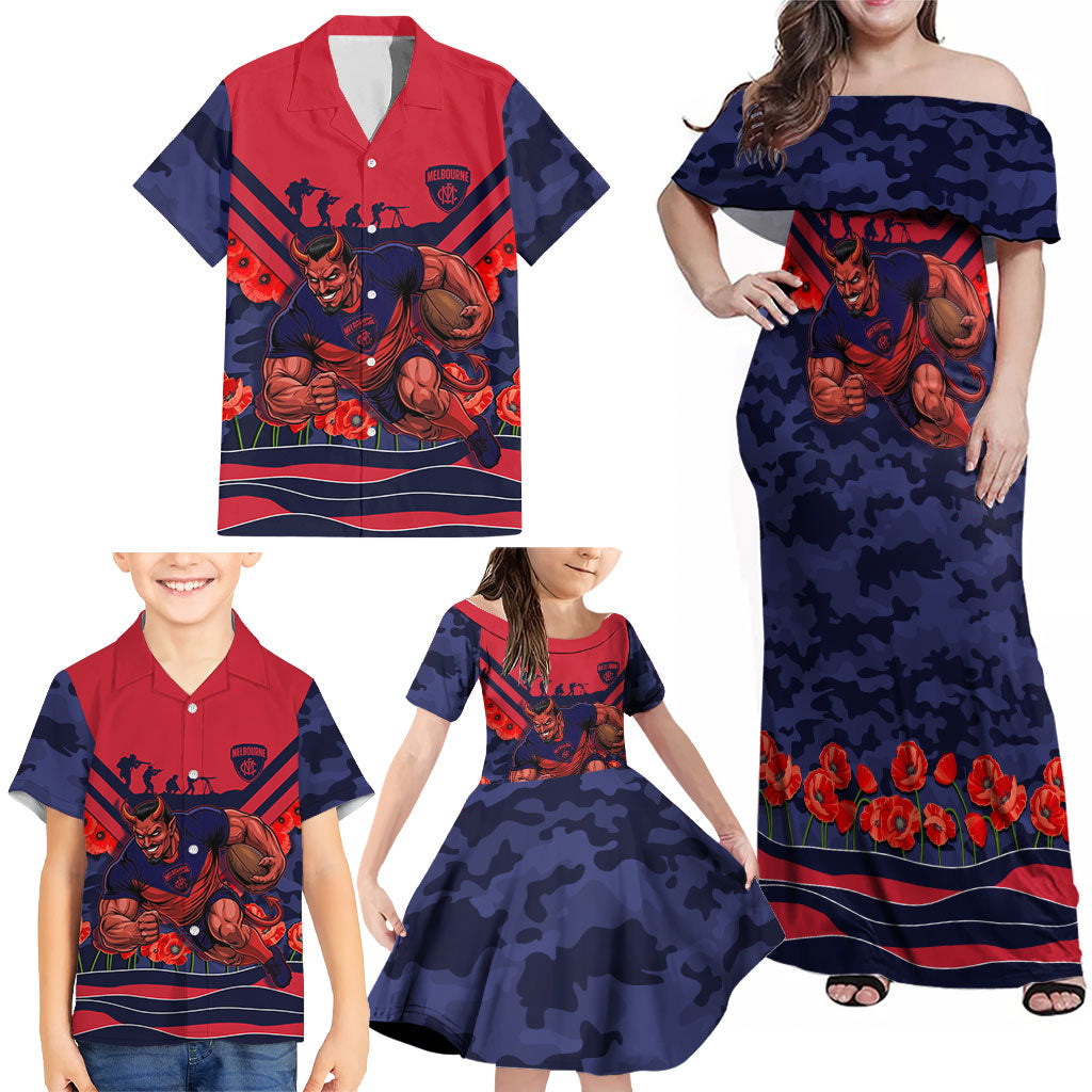 Personalised Melbourne Demons ANZAC Family Matching Off Shoulder Maxi Dress and Hawaiian Shirt Military Remembrance Australian Football Mascot Camouflage
