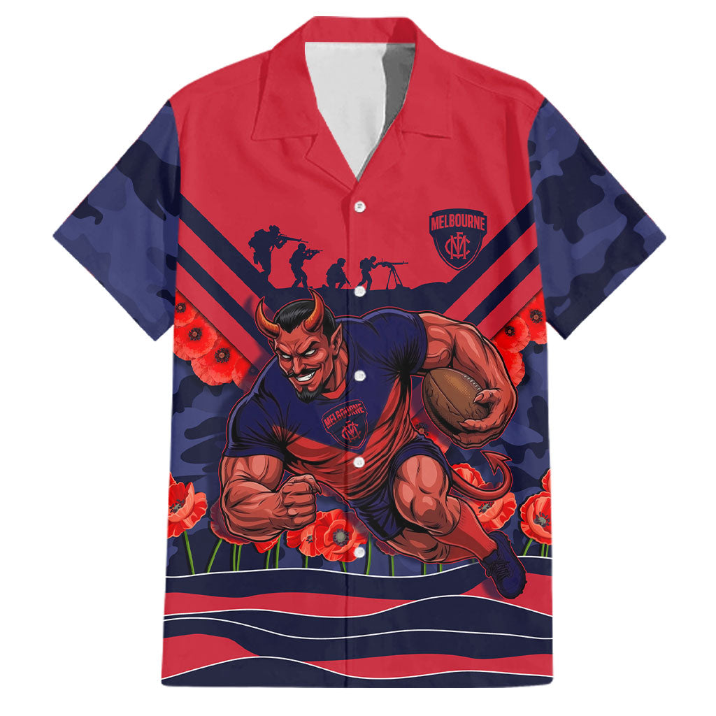 Personalised Melbourne Demons ANZAC Family Matching Off Shoulder Maxi Dress and Hawaiian Shirt Military Remembrance Australian Football Mascot Camouflage