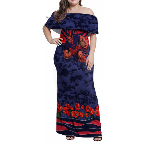Personalised Melbourne Demons ANZAC Family Matching Off Shoulder Maxi Dress and Hawaiian Shirt Military Remembrance Australian Football Mascot Camouflage