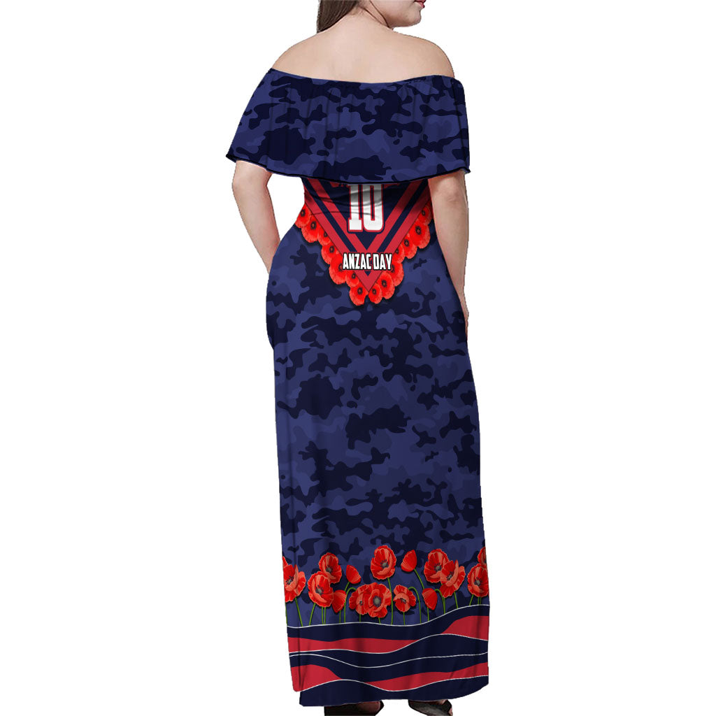 Personalised Melbourne Demons ANZAC Family Matching Off Shoulder Maxi Dress and Hawaiian Shirt Military Remembrance Australian Football Mascot Camouflage