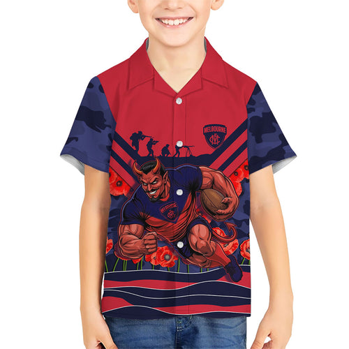 Personalised Melbourne Demons ANZAC Family Matching Off Shoulder Maxi Dress and Hawaiian Shirt Military Remembrance Australian Football Mascot Camouflage