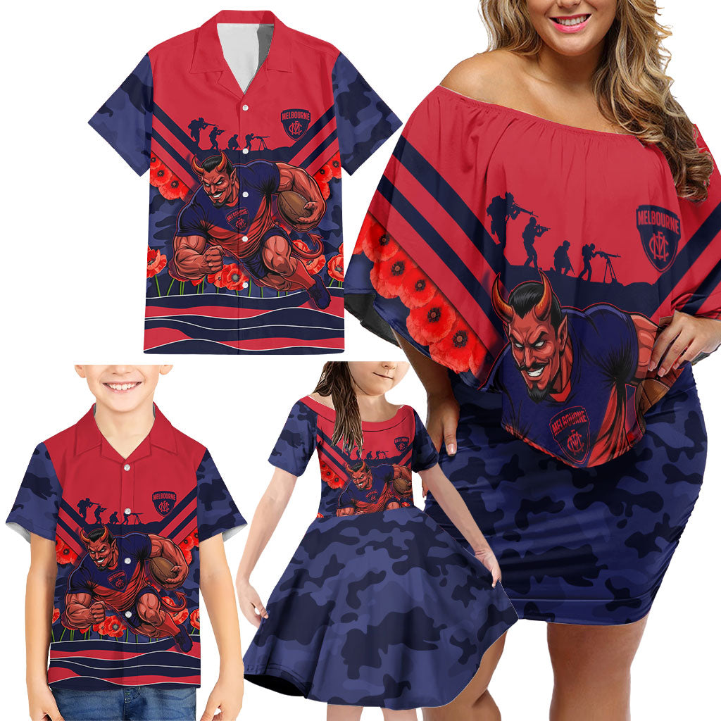 Personalised Melbourne Demons ANZAC Family Matching Off Shoulder Short Dress and Hawaiian Shirt Military Remembrance Australian Football Mascot Camouflage