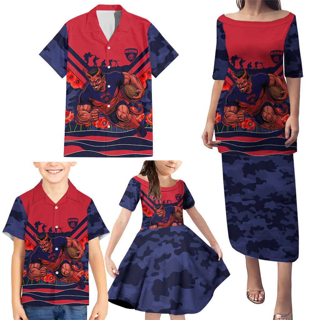 Personalised Melbourne Demons ANZAC Family Matching Puletasi and Hawaiian Shirt Military Remembrance Australian Football Mascot Camouflage