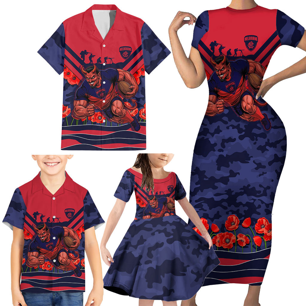 Personalised Melbourne Demons ANZAC Family Matching Short Sleeve Bodycon Dress and Hawaiian Shirt Military Remembrance Australian Football Mascot Camouflage