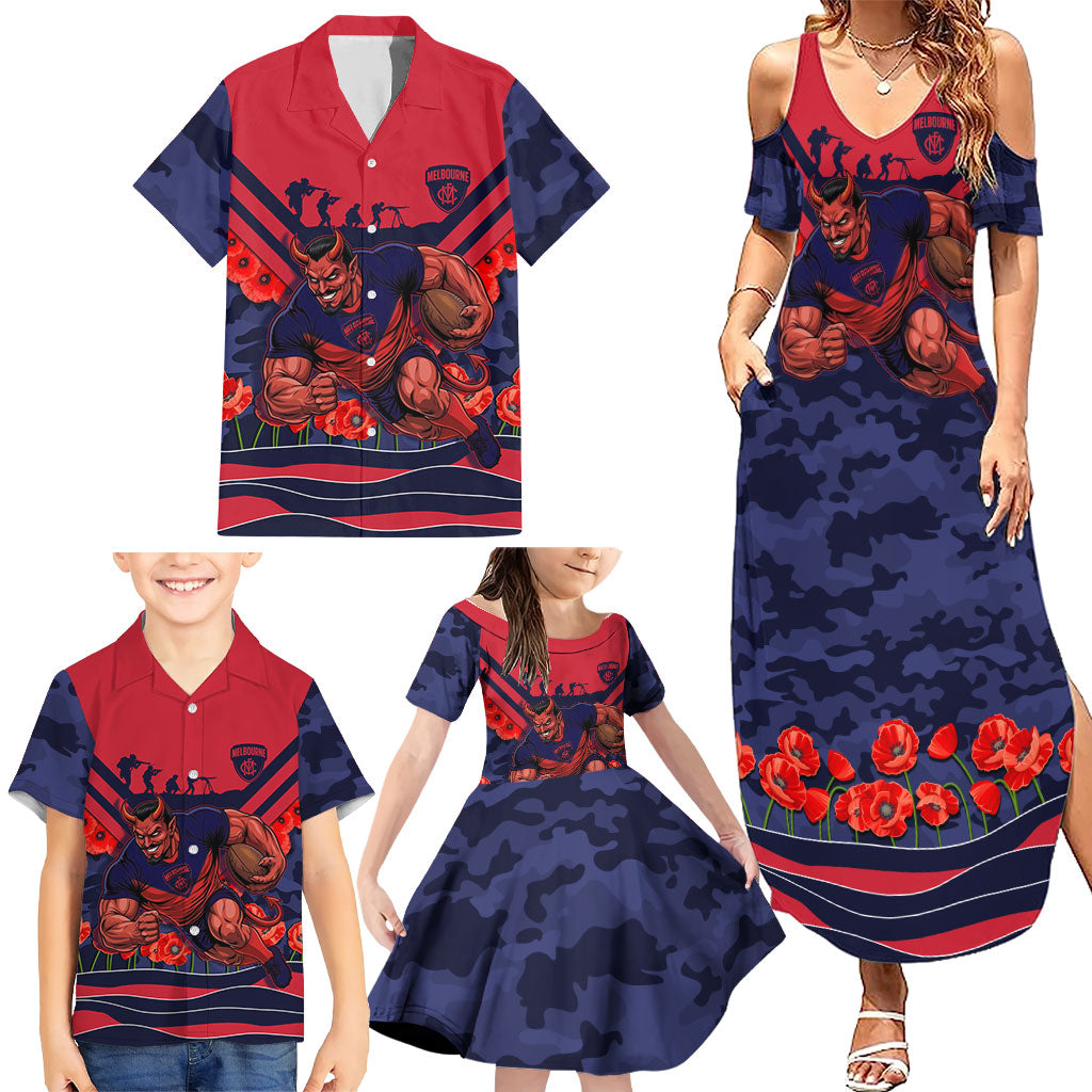 Personalised Melbourne Demons ANZAC Family Matching Summer Maxi Dress and Hawaiian Shirt Military Remembrance Australian Football Mascot Camouflage