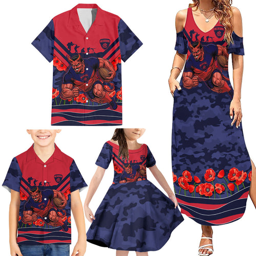 Personalised Melbourne Demons ANZAC Family Matching Summer Maxi Dress and Hawaiian Shirt Military Remembrance Australian Football Mascot Camouflage
