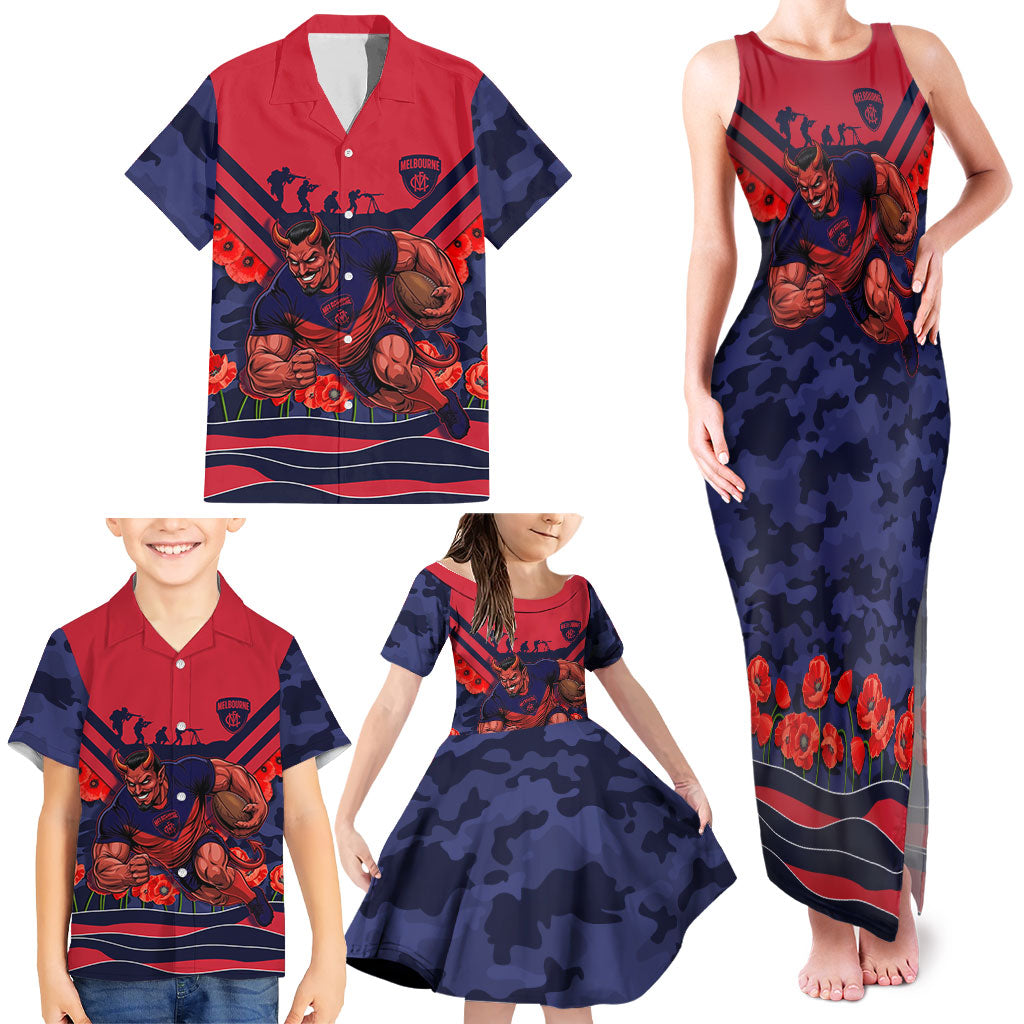 Personalised Melbourne Demons ANZAC Family Matching Tank Maxi Dress and Hawaiian Shirt Military Remembrance Australian Football Mascot Camouflage