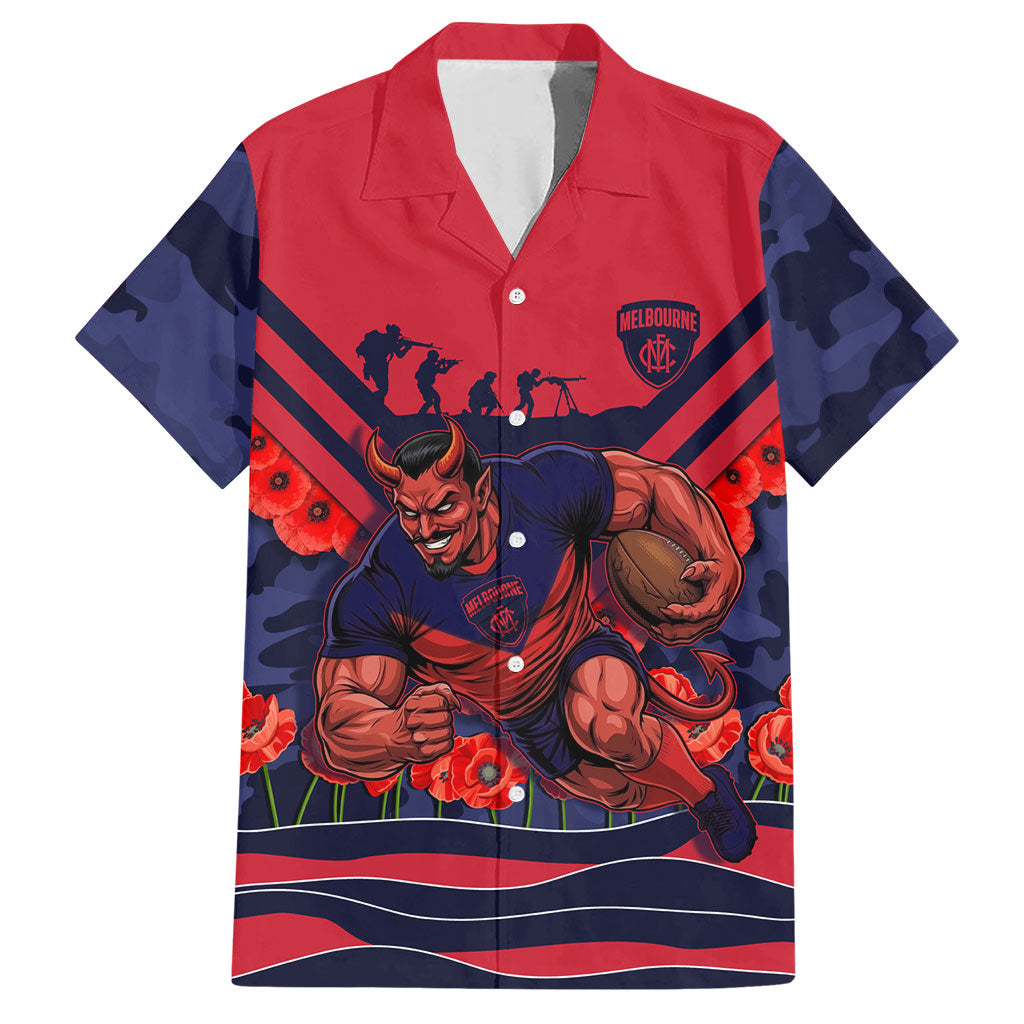 Personalised Melbourne Demons ANZAC Hawaiian Shirt Military Remembrance Australian Football Mascot Camouflage