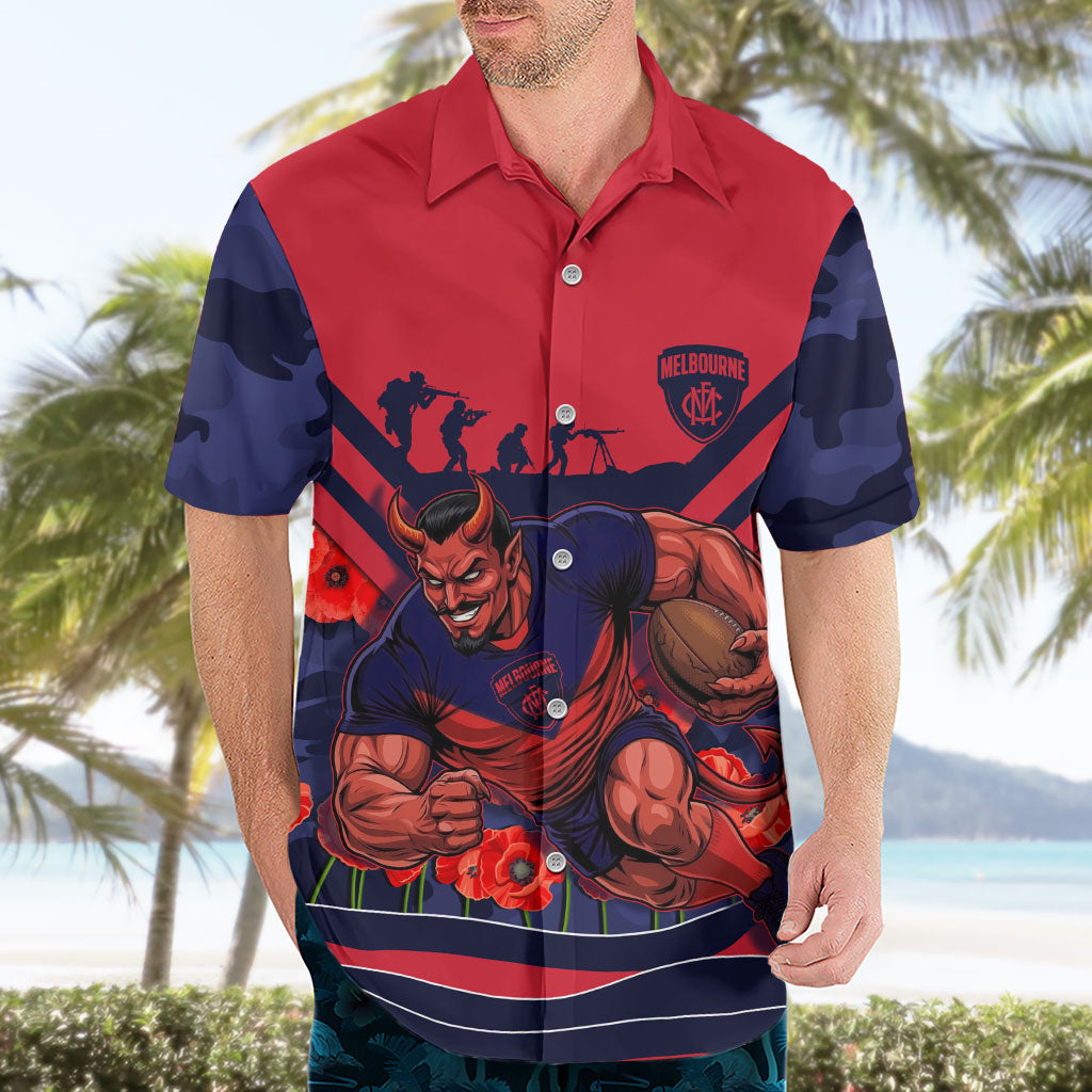 Personalised Melbourne Demons ANZAC Hawaiian Shirt Military Remembrance Australian Football Mascot Camouflage