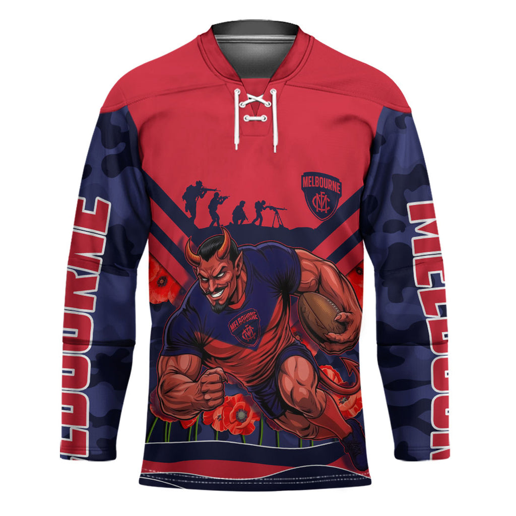 Personalised Melbourne Demons ANZAC Hockey Jersey Military Remembrance Australian Football Mascot Camouflage