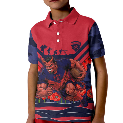 Personalised Melbourne Demons ANZAC Kid Polo Shirt Military Remembrance Australian Football Mascot Camouflage