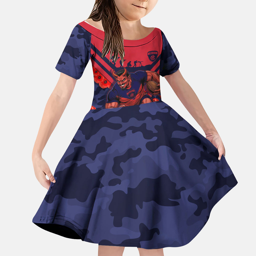 Personalised Melbourne Demons ANZAC Kid Short Sleeve Dress Military Remembrance Australian Football Mascot Camouflage