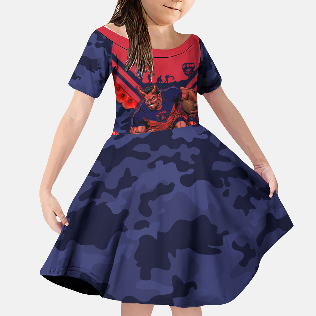 Personalised Melbourne Demons ANZAC Kid Short Sleeve Dress Military Remembrance Australian Football Mascot Camouflage
