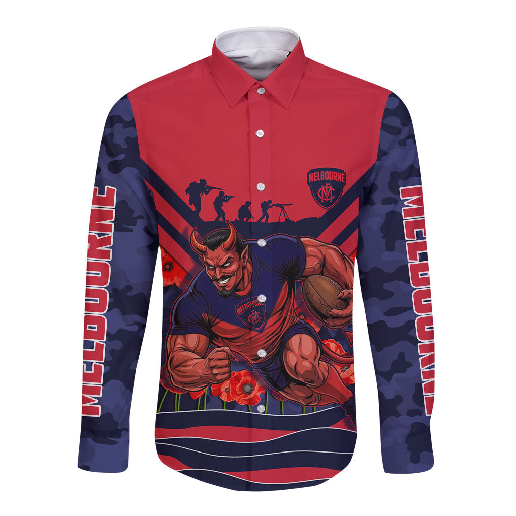 Personalised Melbourne Demons ANZAC Long Sleeve Button Shirt Military Remembrance Australian Football Mascot Camouflage