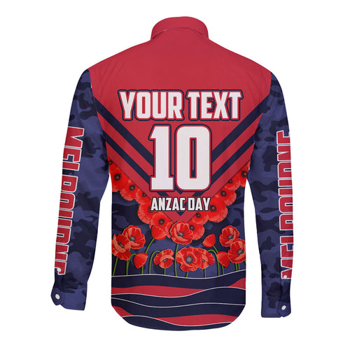 Personalised Melbourne Demons ANZAC Long Sleeve Button Shirt Military Remembrance Australian Football Mascot Camouflage
