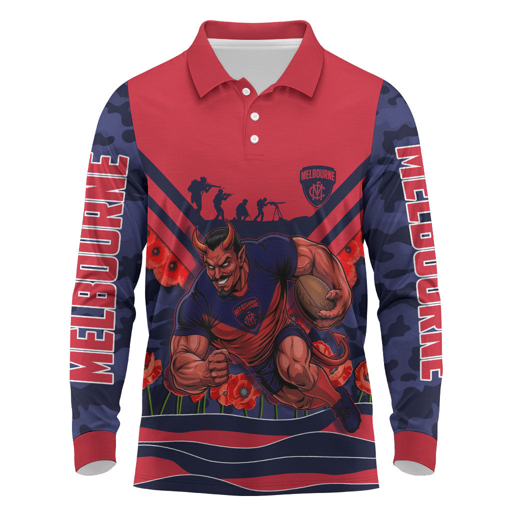 Personalised Melbourne Demons ANZAC Long Sleeve Polo Shirt Military Remembrance Australian Football Mascot Camouflage