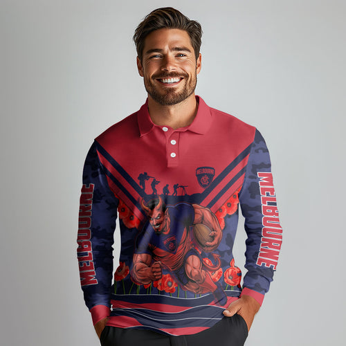 Personalised Melbourne Demons ANZAC Long Sleeve Polo Shirt Military Remembrance Australian Football Mascot Camouflage
