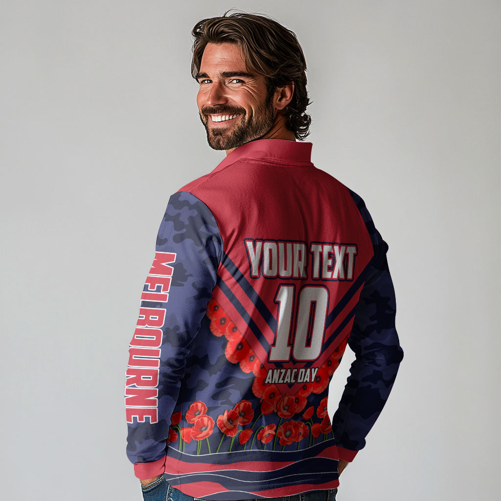 Personalised Melbourne Demons ANZAC Long Sleeve Polo Shirt Military Remembrance Australian Football Mascot Camouflage