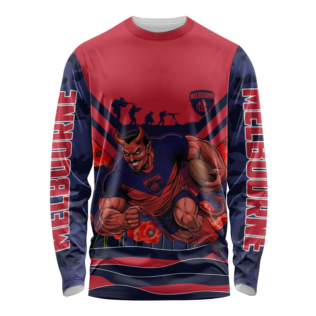 Personalised Melbourne Demons ANZAC Long Sleeve Shirt Military Remembrance Australian Football Mascot Camouflage