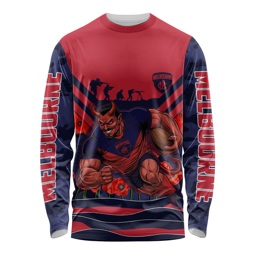 Personalised Melbourne Demons ANZAC Long Sleeve Shirt Military Remembrance Australian Football Mascot Camouflage