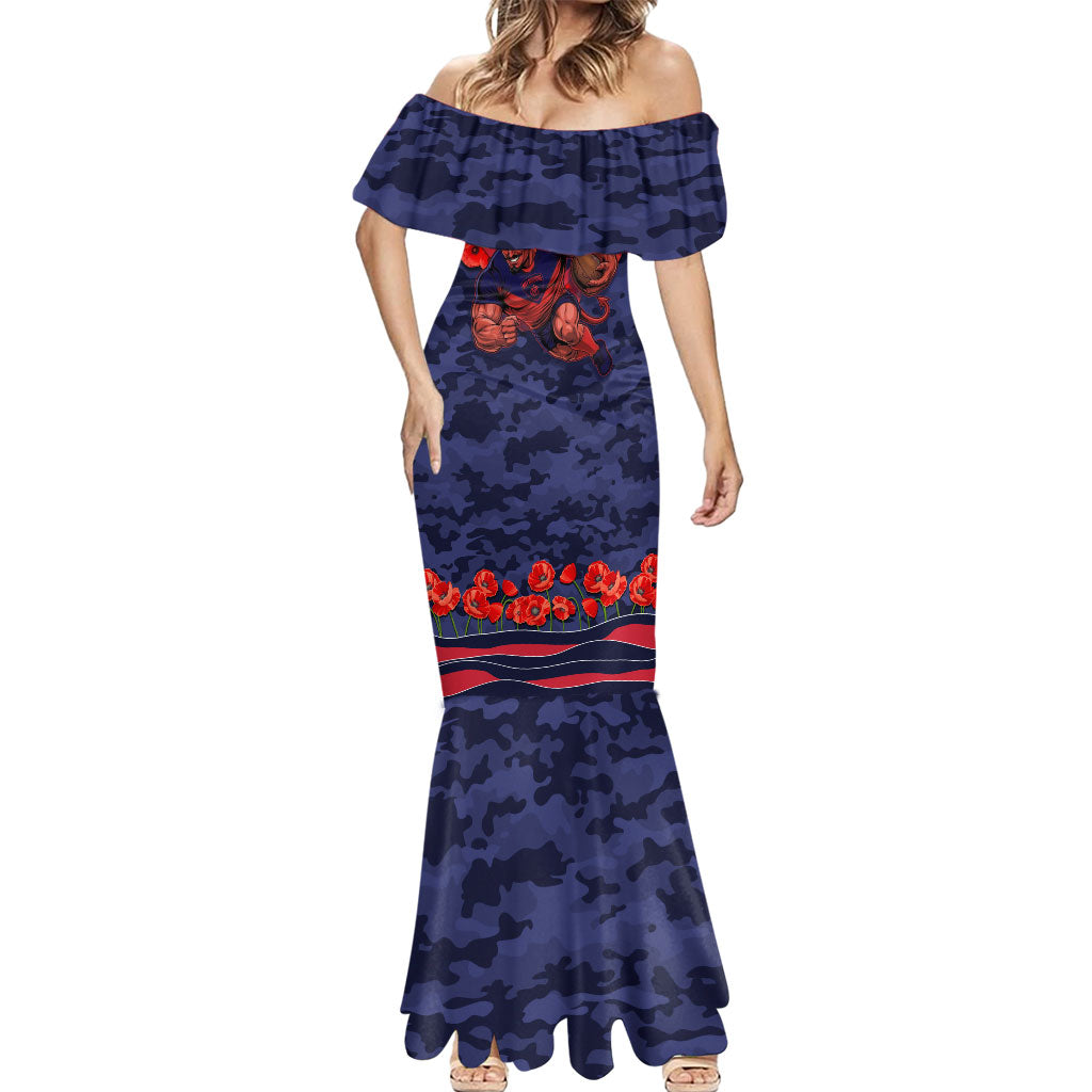 Personalised Melbourne Demons ANZAC Mermaid Dress Military Remembrance Australian Football Mascot Camouflage