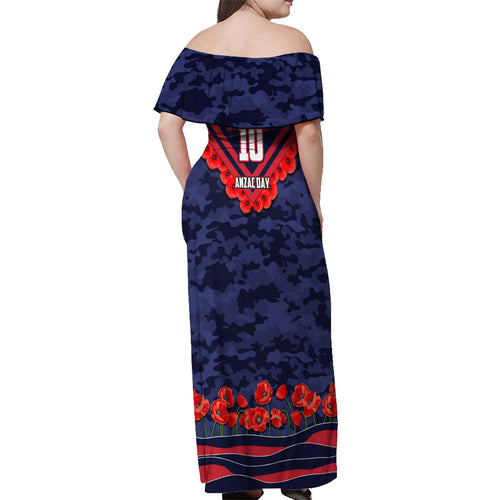 Personalised Melbourne Demons ANZAC Off Shoulder Maxi Dress Military Remembrance Australian Football Mascot Camouflage