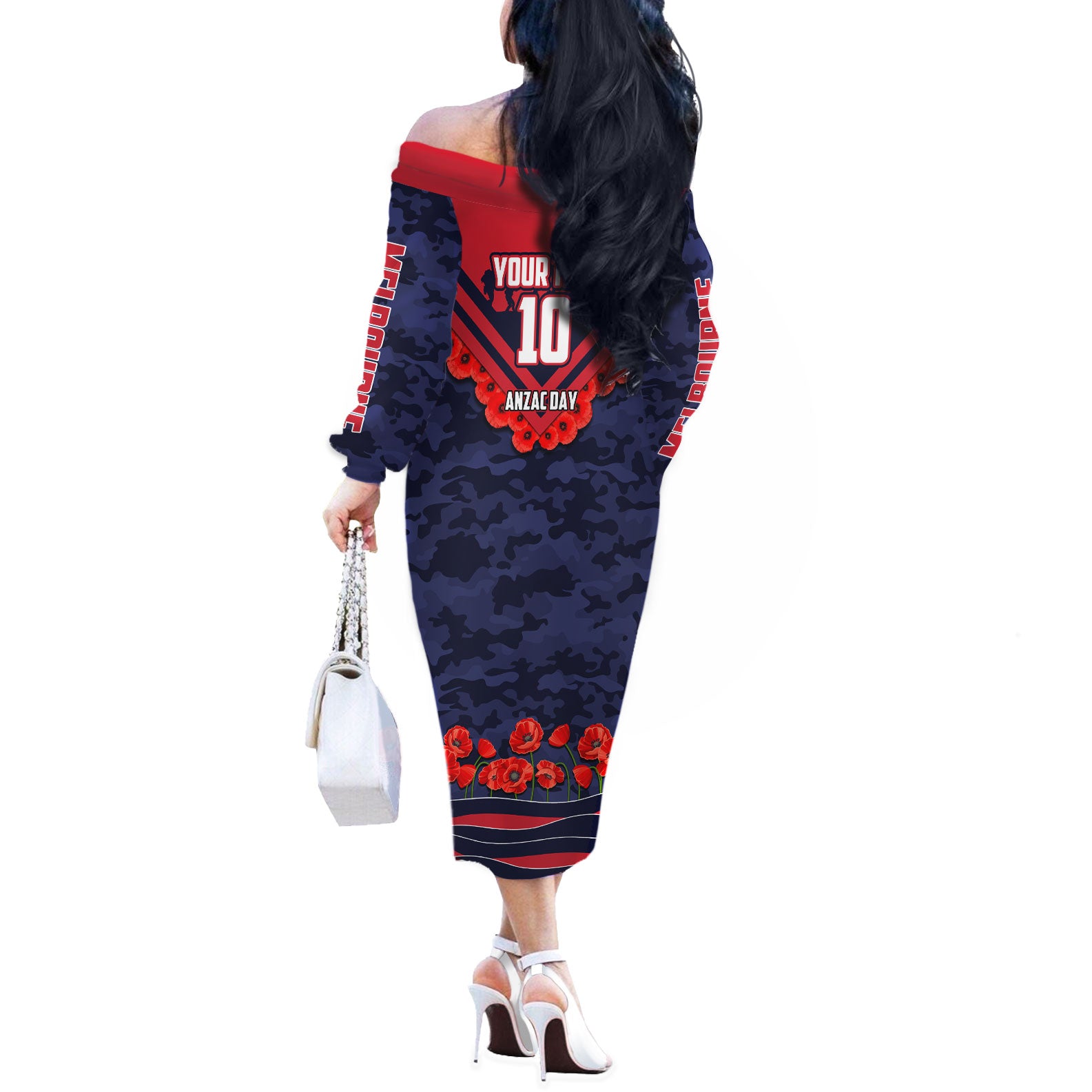 Personalised Melbourne Demons ANZAC Off The Shoulder Long Sleeve Dress Military Remembrance Australian Football Mascot Camouflage