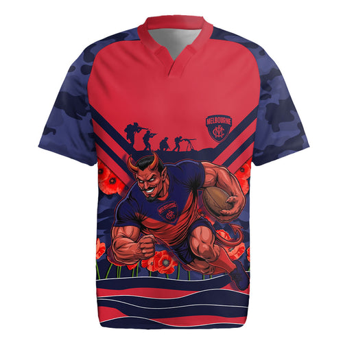 Personalised Melbourne Demons ANZAC Rugby Jersey Military Remembrance Australian Football Mascot Camouflage