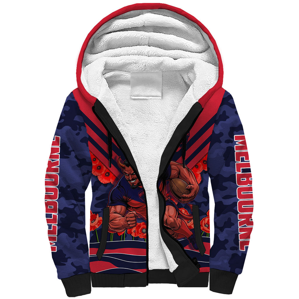 Personalised Melbourne Demons ANZAC Sherpa Hoodie Military Remembrance Australian Football Mascot Camouflage
