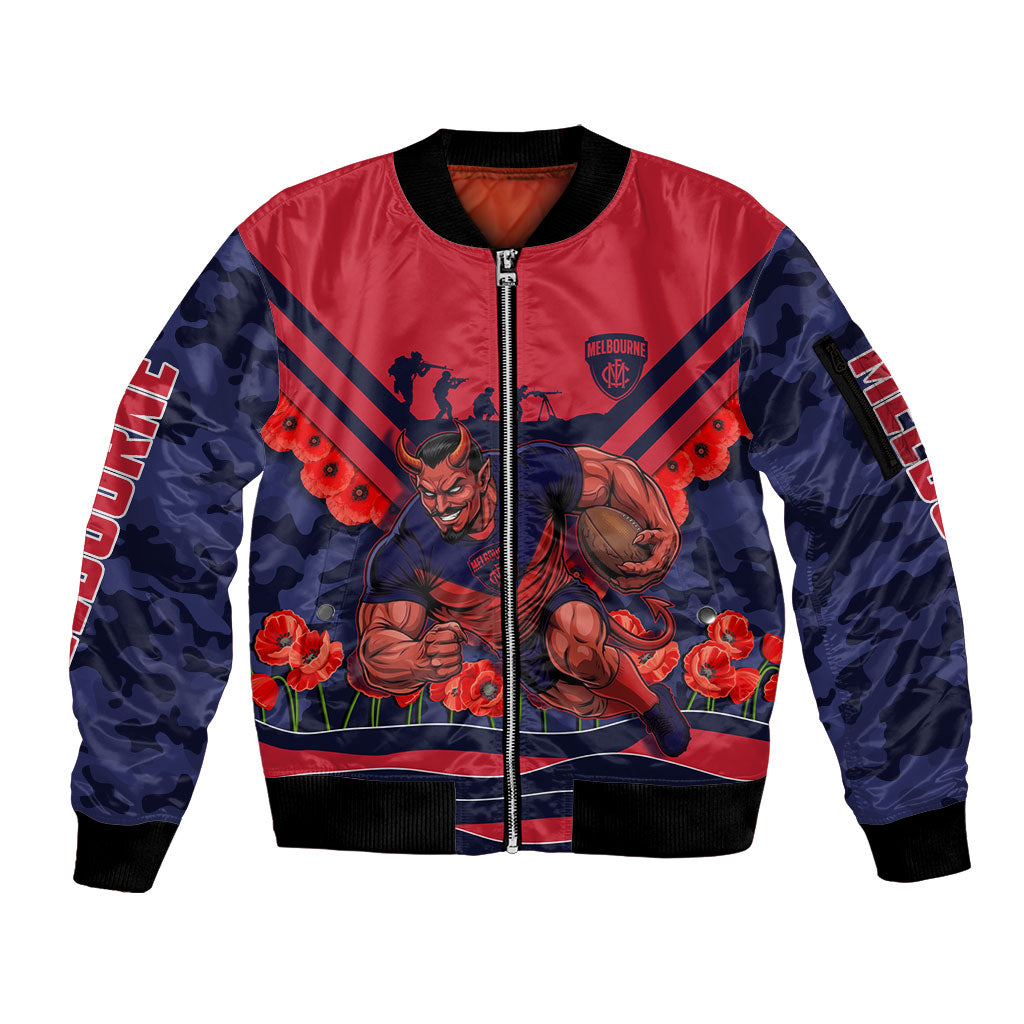 Personalised Melbourne Demons ANZAC Sleeve Zip Bomber Jacket Military Remembrance Australian Football Mascot Camouflage