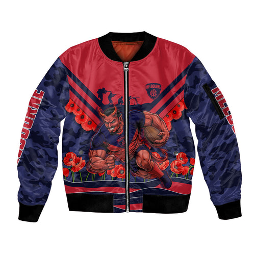 Personalised Melbourne Demons ANZAC Sleeve Zip Bomber Jacket Military Remembrance Australian Football Mascot Camouflage