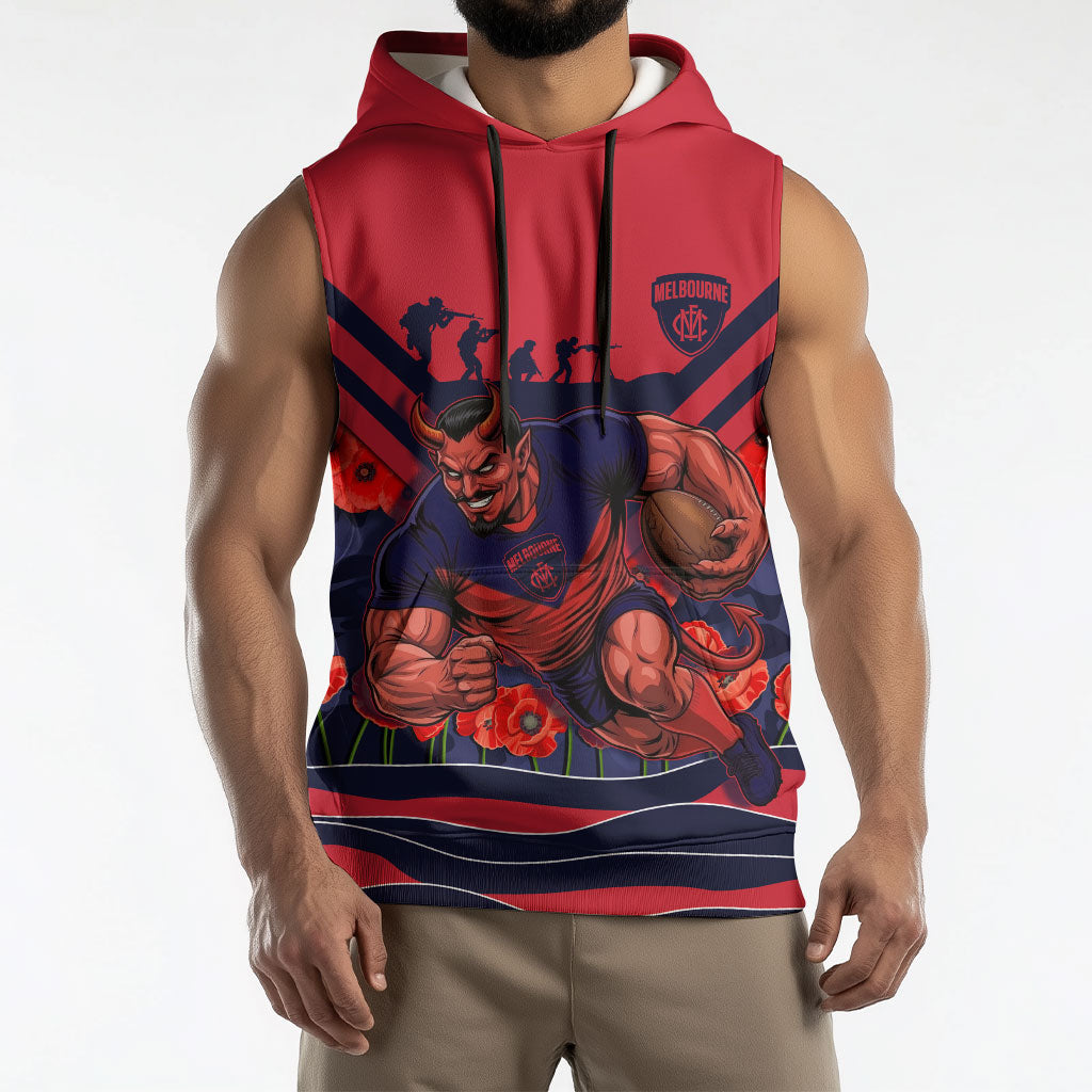 Personalised Melbourne Demons ANZAC Sleeveless Hoodie Military Remembrance Australian Football Mascot Camouflage