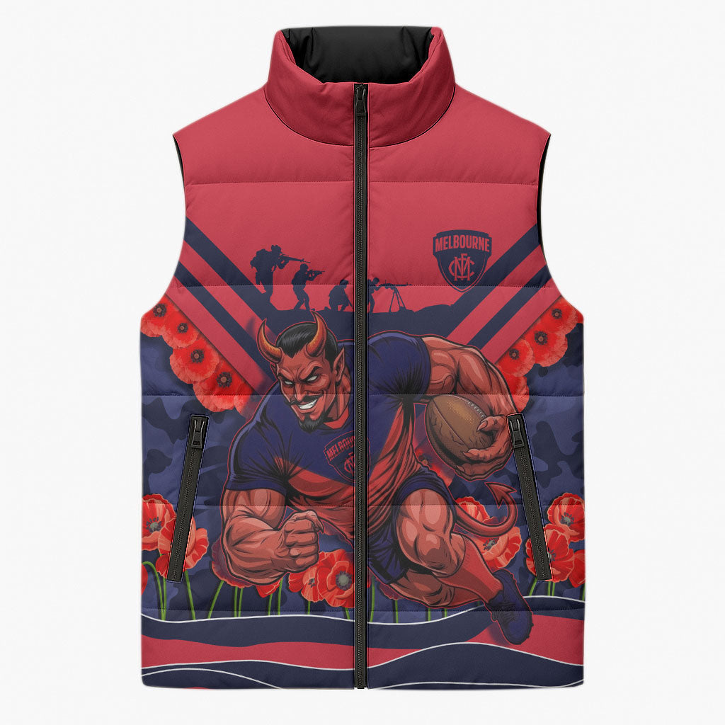 Personalised Melbourne Demons ANZAC Sleeveless Puffer Jacket Military Remembrance Australian Football Mascot Camouflage