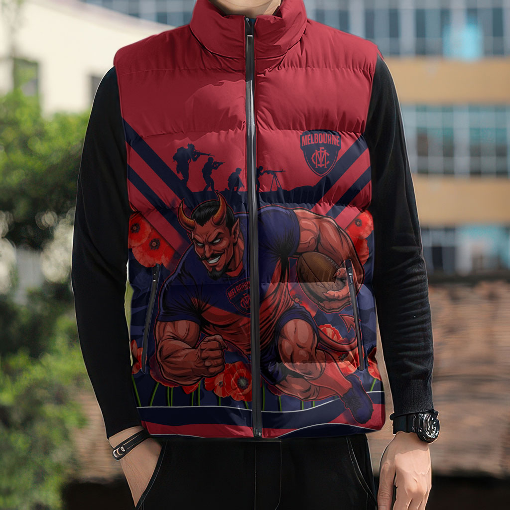 Personalised Melbourne Demons ANZAC Sleeveless Puffer Jacket Military Remembrance Australian Football Mascot Camouflage