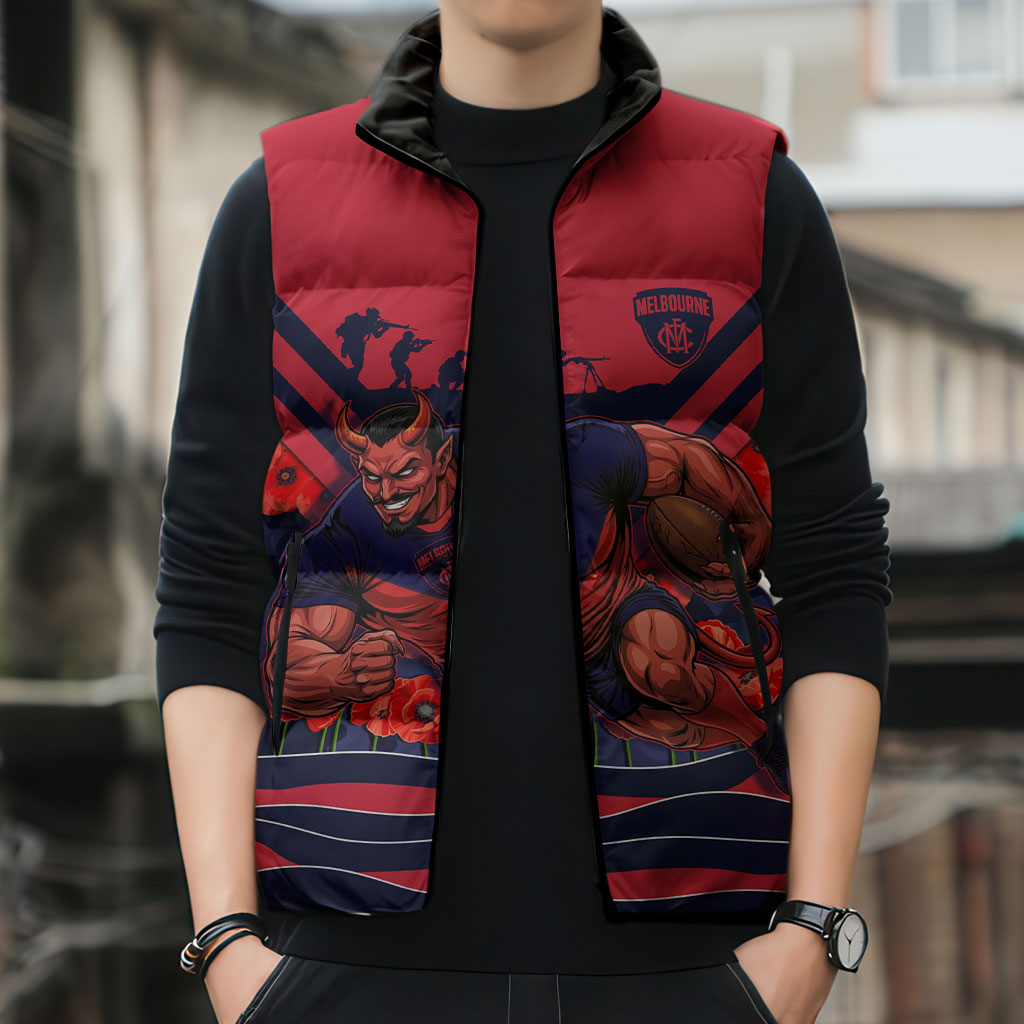 Personalised Melbourne Demons ANZAC Sleeveless Puffer Jacket Military Remembrance Australian Football Mascot Camouflage