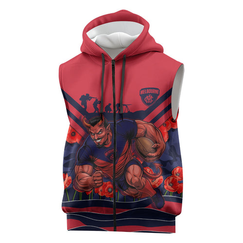 Personalised Melbourne Demons ANZAC Sleeveless Zip Hoodie Military Remembrance Australian Football Mascot Camouflage