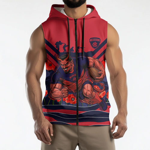 Personalised Melbourne Demons ANZAC Sleeveless Zip Hoodie Military Remembrance Australian Football Mascot Camouflage