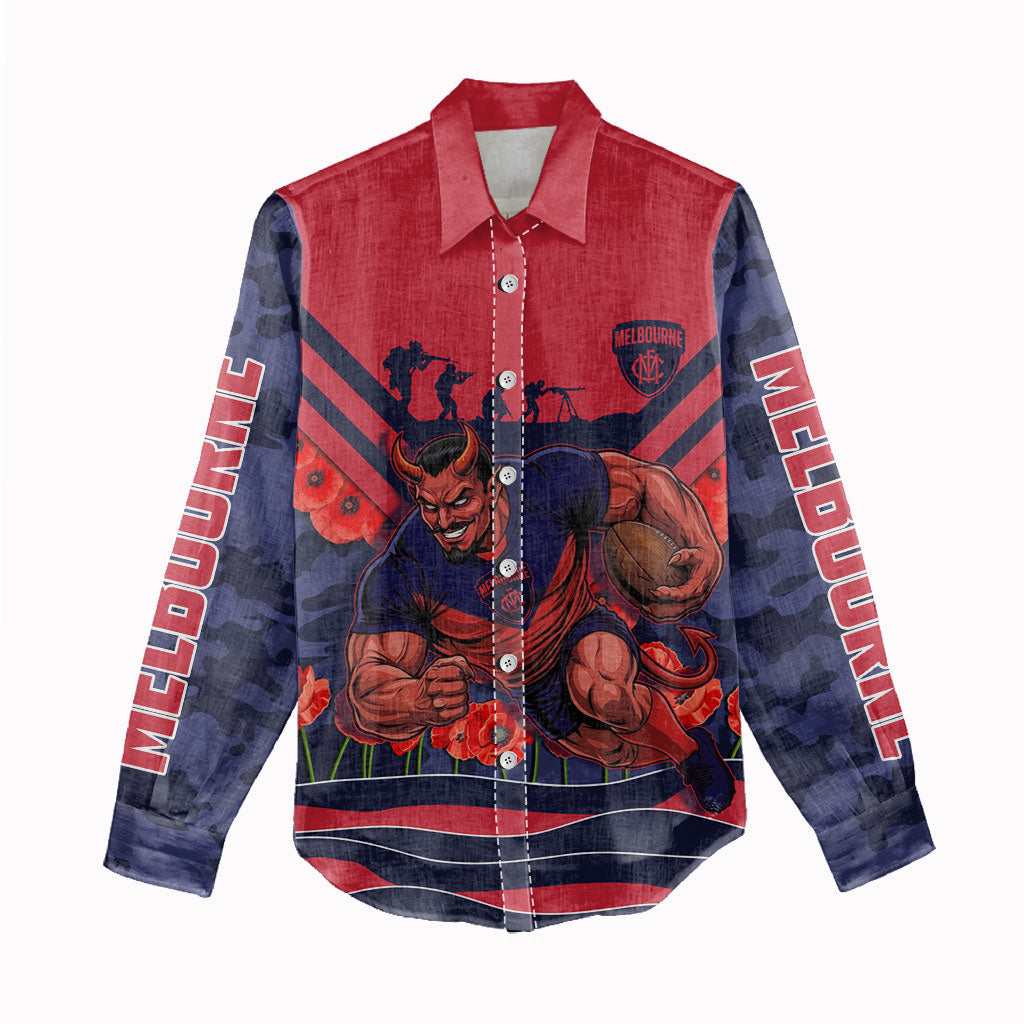 Personalised Melbourne Demons ANZAC Women Casual Shirt Military Remembrance Australian Football Mascot Camouflage