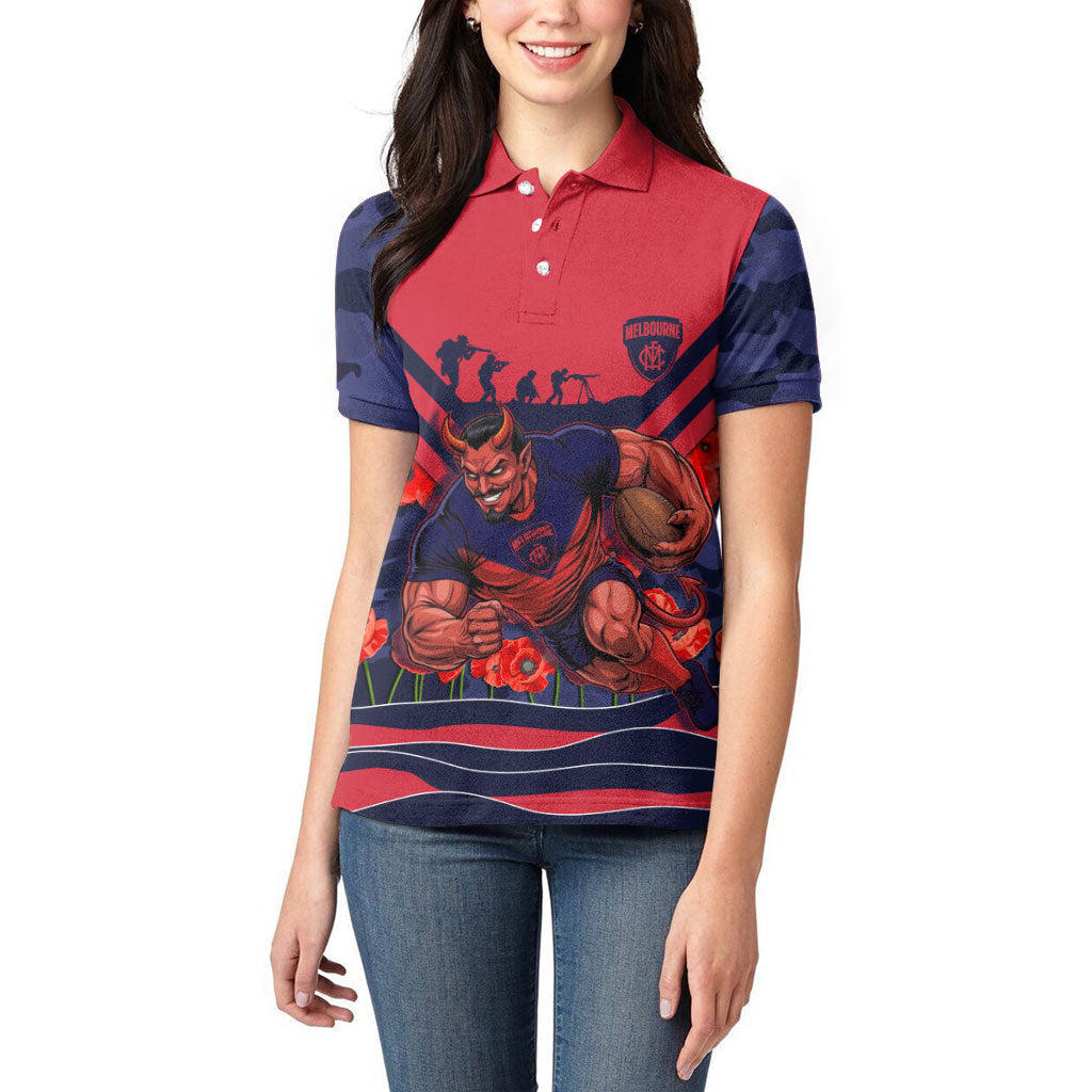 Personalised Melbourne Demons ANZAC Women Polo Shirt Military Remembrance Australian Football Mascot Camouflage