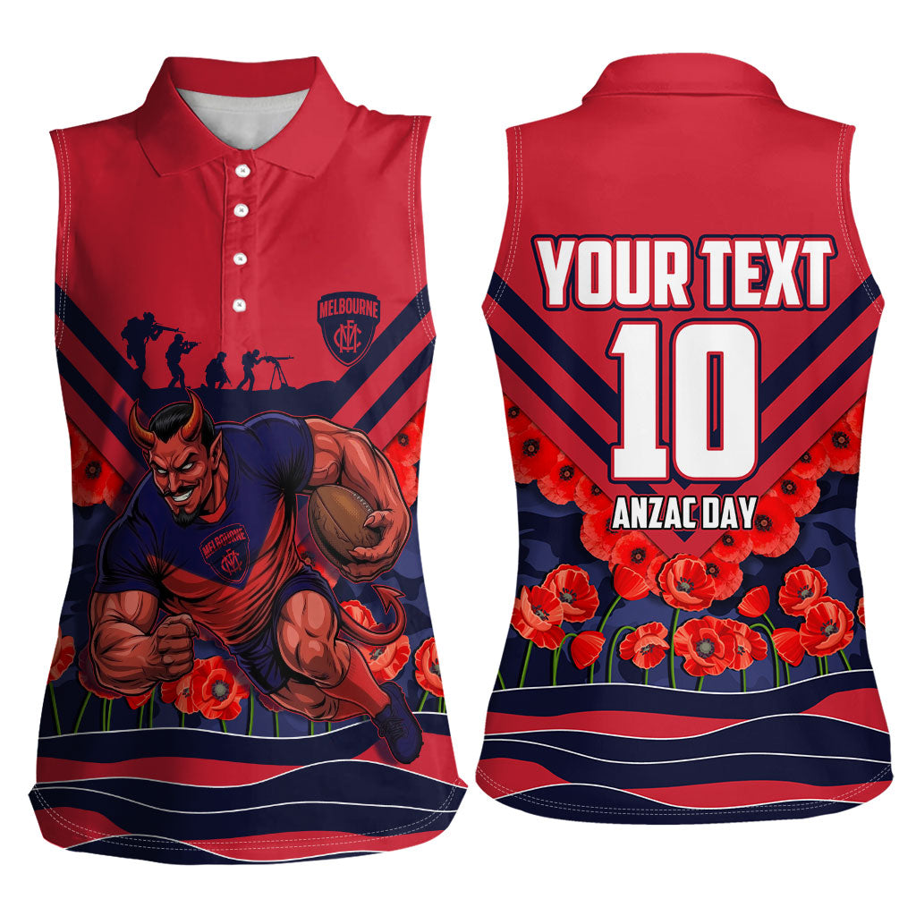 Personalised Melbourne Demons ANZAC Women Sleeveless Polo Shirt Military Remembrance Australian Football Mascot Camouflage