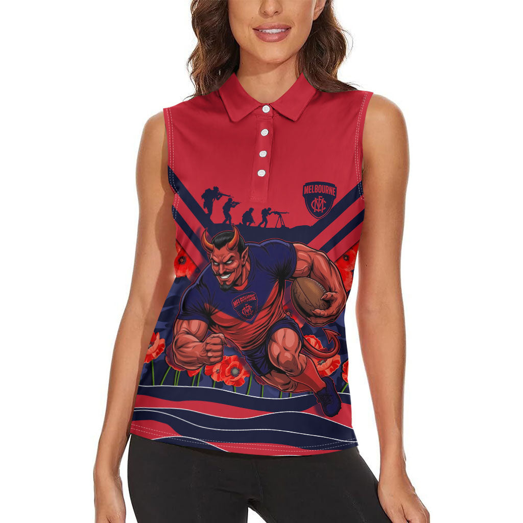 Personalised Melbourne Demons ANZAC Women Sleeveless Polo Shirt Military Remembrance Australian Football Mascot Camouflage
