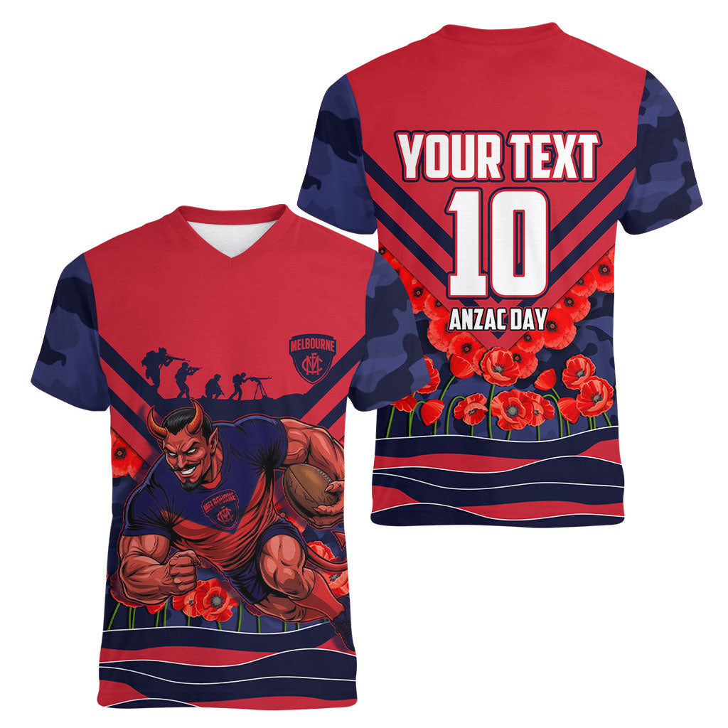 Personalised Melbourne Demons ANZAC Women V-Neck T-Shirt Military Remembrance Australian Football Mascot Camouflage