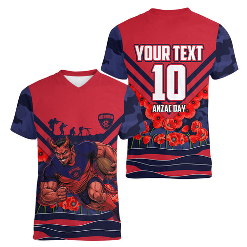 Personalised Melbourne Demons ANZAC Women V-Neck T-Shirt Military Remembrance Australian Football Mascot Camouflage