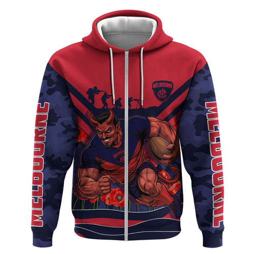 Personalised Melbourne Demons ANZAC Zip Hoodie Military Remembrance Australian Football Mascot Camouflage