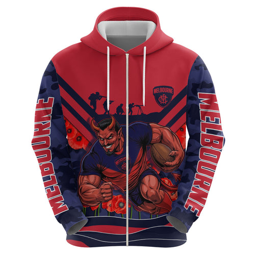 Personalised Melbourne Demons ANZAC Zip Hoodie Military Remembrance Australian Football Mascot Camouflage