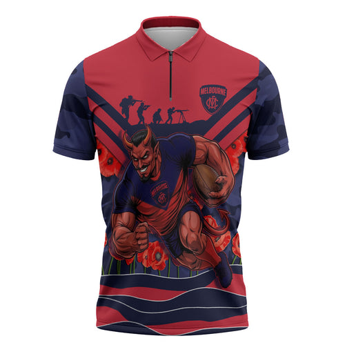 Personalised Melbourne Demons ANZAC Zipper Polo Shirt Military Remembrance Australian Football Mascot Camouflage